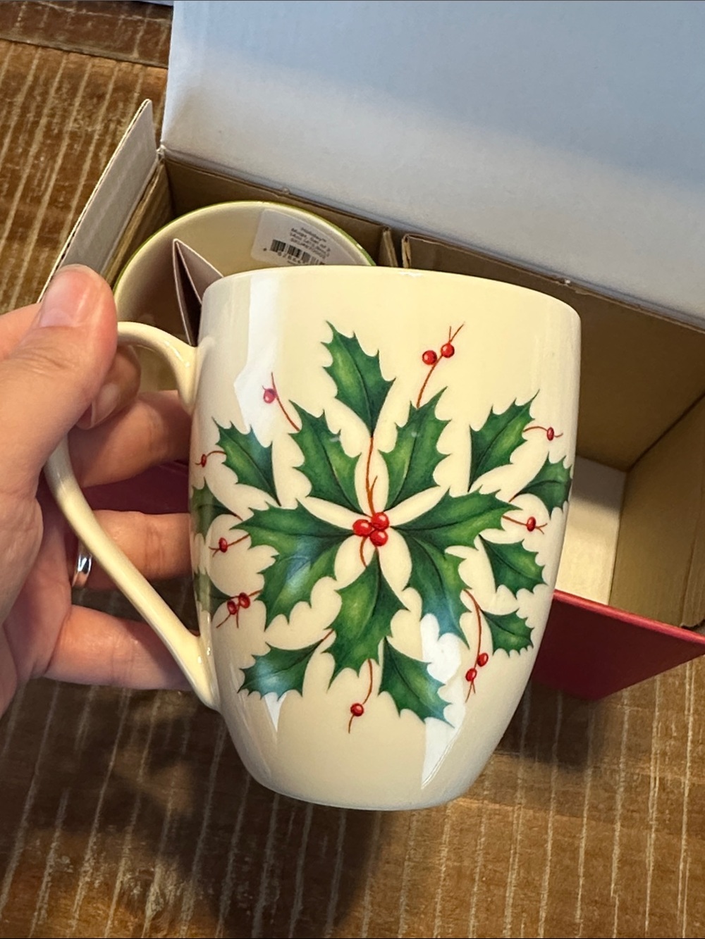 Lenox Holiday Cream Mugs with Green Holly and Red Berry Accents - Set of 2 - Picture 10 of 16
